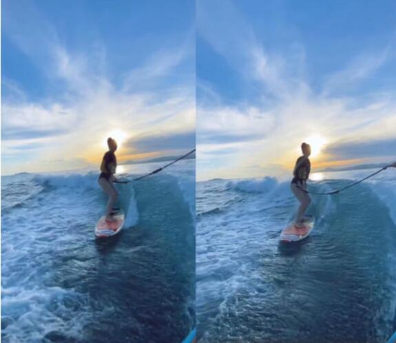 Angelababy冲浪大长腿吸睛 实力诠释乘风破浪的姐姐