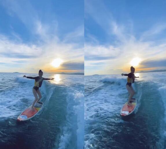 Angelababy冲浪大长腿吸睛 实力诠释乘风破浪的姐姐