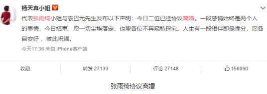 张雨绮袁巴元离婚：一段相伴即是缘,原因遭爆料