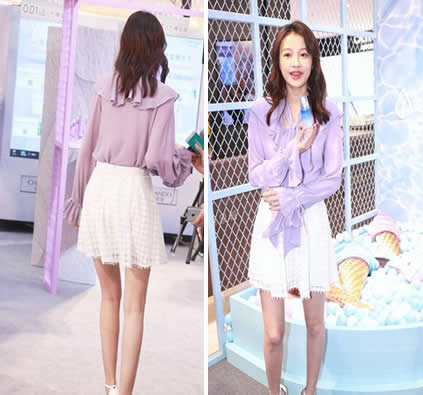 辣妈孙怡秀美腿：紫色衬衣配白色短裙俏皮可爱小公主