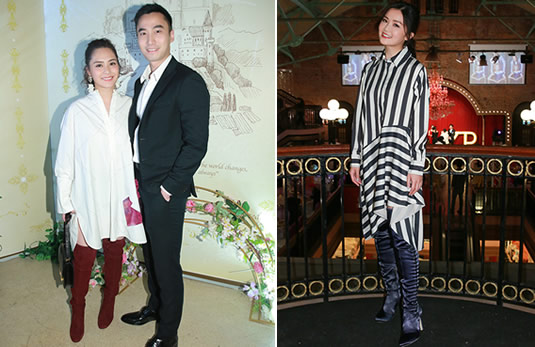 Twins亮相好友婚宴:条纹裙紫色靴,白色裙酒红靴 Twins亮相好友婚宴:条纹裙紫色靴,白色裙酒红靴