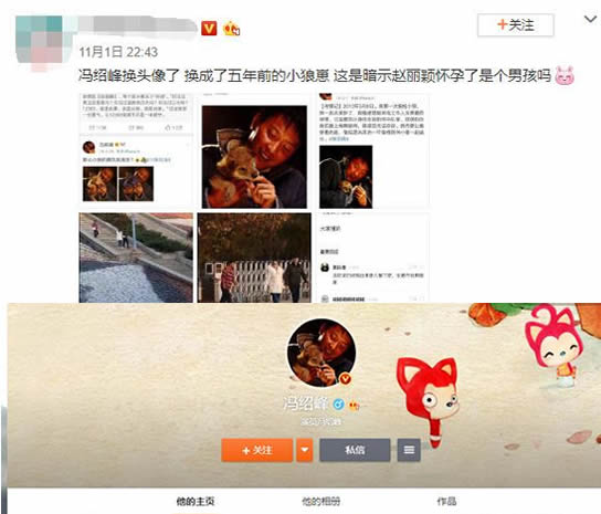 冯绍峰换头像：抱小狼崽头像暗示赵丽颖生儿子？