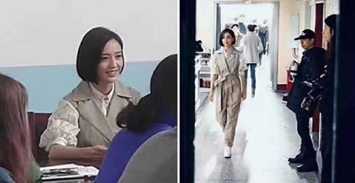 佟丽娅与学妹共舞：白色条纹衬衫搭配卡其色连体裤