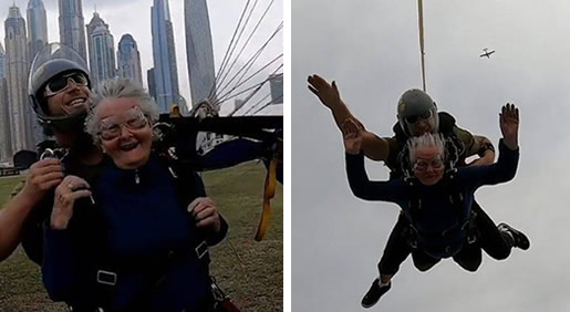 老奶奶高空跳伞：82老奶奶13000英尺高空勇敢追梦