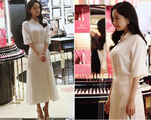 杨幂蛮腰纤细身材好：白衬衫白色长裙侧面上围傲人