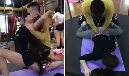 练瑜伽的女生图片：女大学生练瑜伽遇男教练