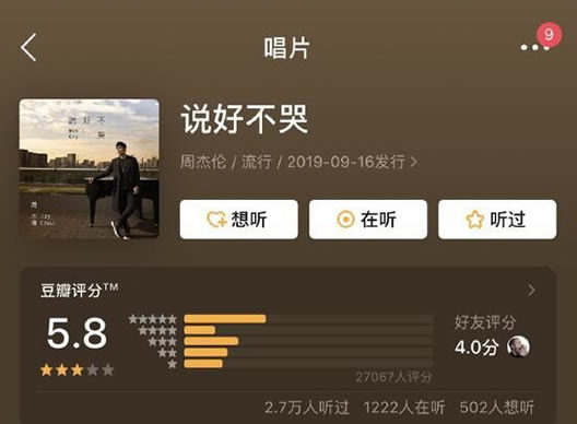 周杰伦新歌评分曝光：备受关注的《说好不哭》你听了吗
