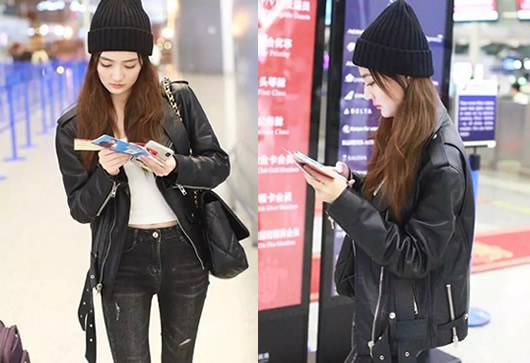 徐璐穿皮衣现身机场，小蛮腰实力抢镜