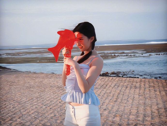 刘亦菲海边旧照 吊带衫搭配短裤美极了