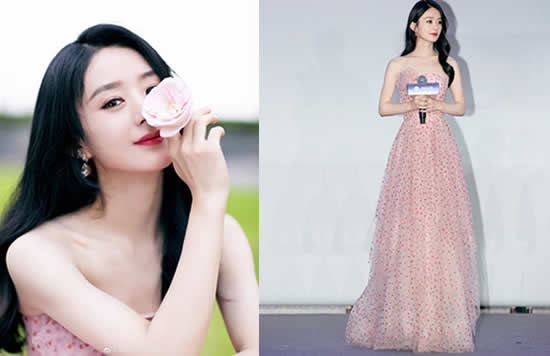 赵丽颖粉色抹胸波点裙look 清爽又甜又少女