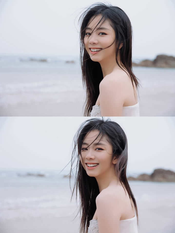 谭松韵白色低胸长裙写真 笑容甜美优雅迷人